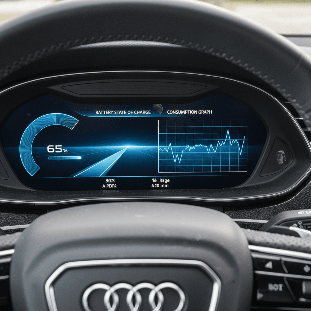 Digital instrument cluster in a 2023 Audi Q8 e-tron showing state of charge, remaining range and average consumption after a trip.