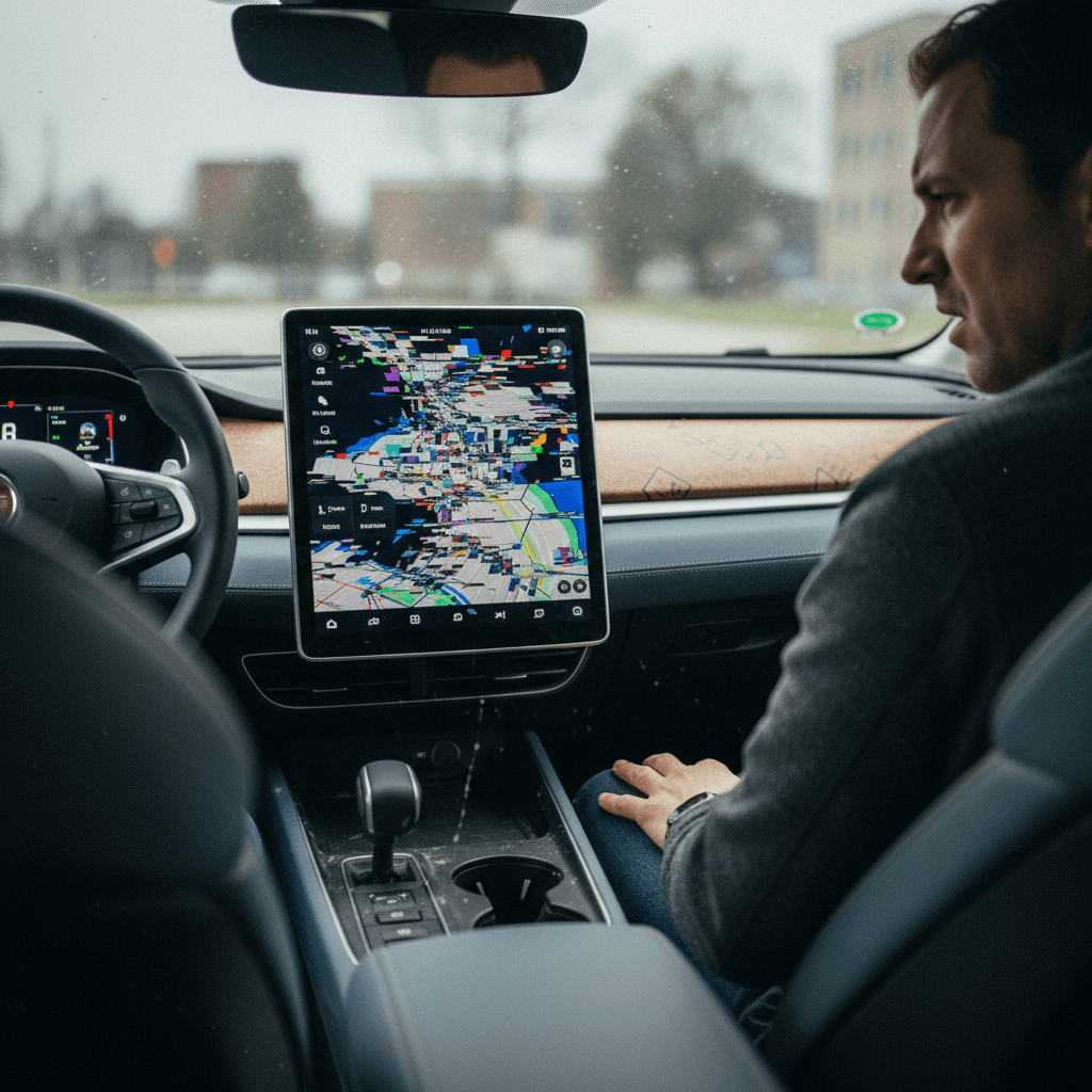 Driver sitting in a Fisker Ocean looking at a frozen center touchscreen with error messages