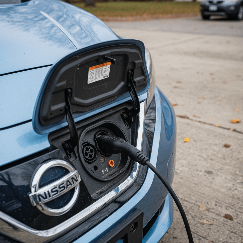 Charging connector plugged into a 2021 Nissan Leaf at a public DC fast charger