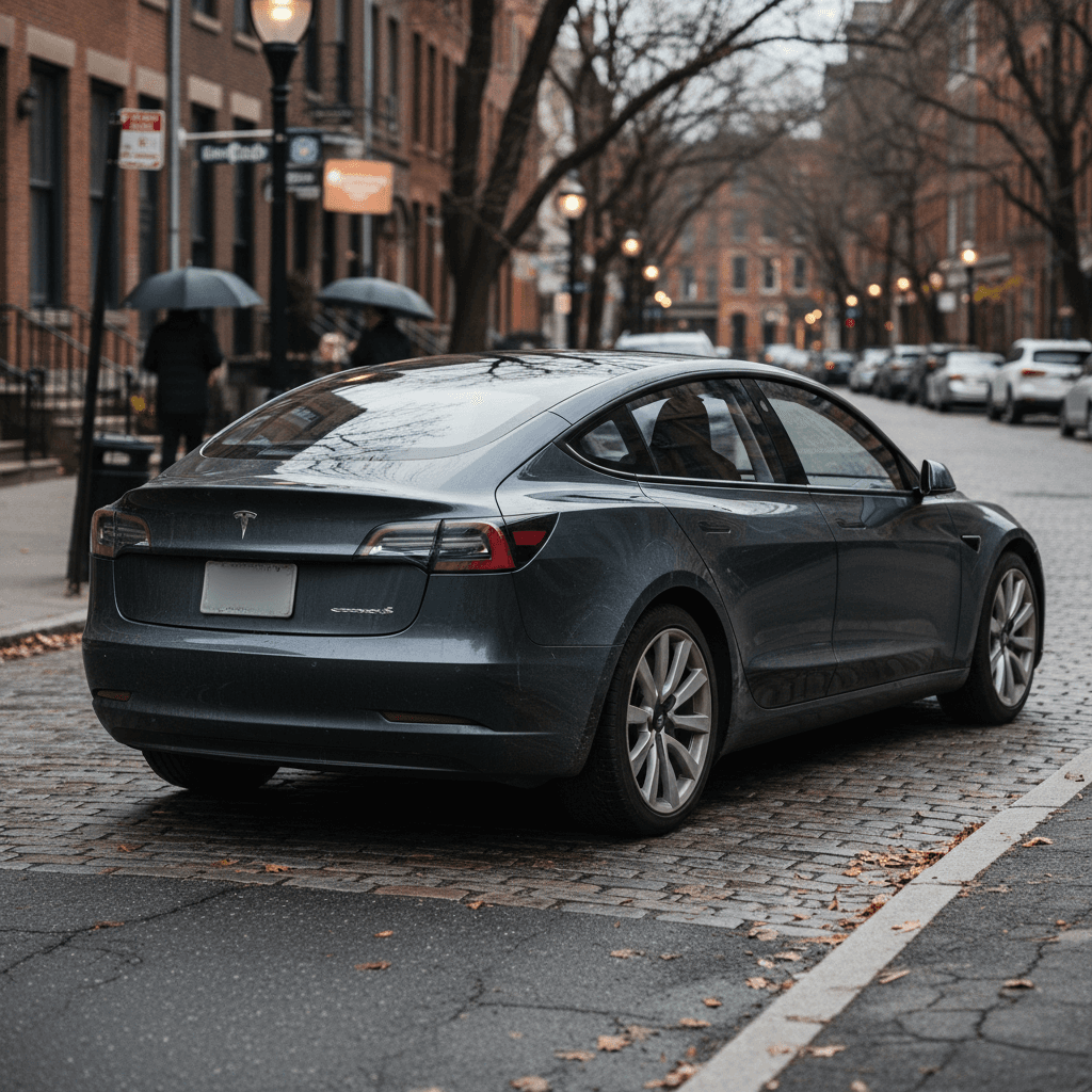 A white Tesla Model 3 driving on a city street, representing a popular choice for an affordable used Tesla.