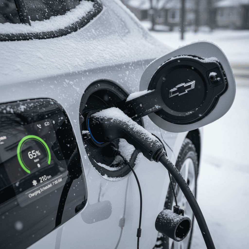 Chevy Equinox EV charging in a driveway on a cold day, showing reduced range on the driver display