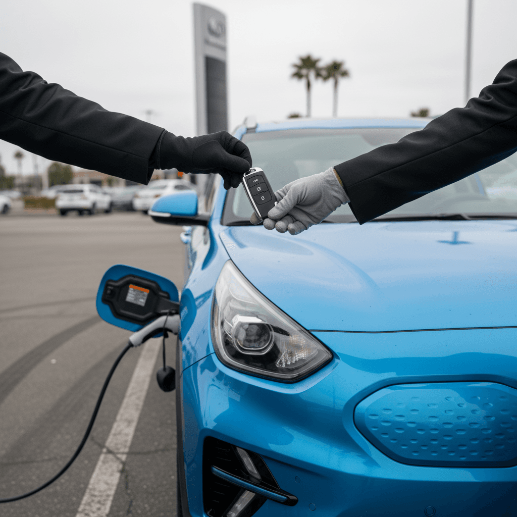 Used Kia Niro EV parked at a dealership lot with charge cable connected and price tag in the window