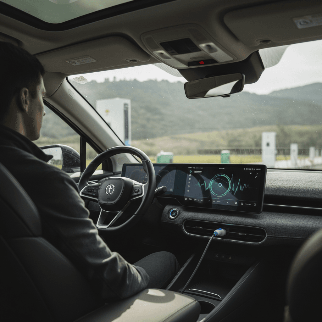 Driver in a modern electric automobile showing the dashboard and navigation while driving