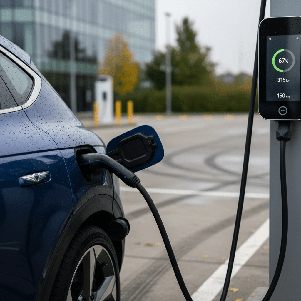 2023 Genesis GV60 plugged into a DC fast charger showing battery state of charge and estimated range on the screen