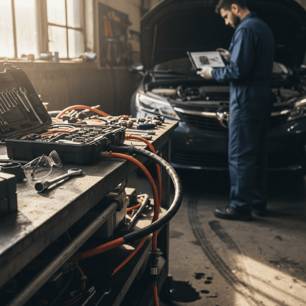 Open hybrid engine bay showing high‑voltage components and orange cabling