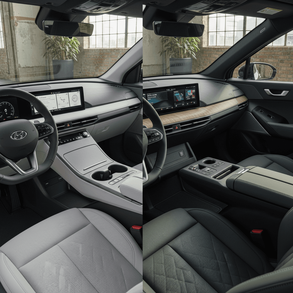 Side-by-side interior view of Hyundai IONIQ 5 and Cadillac Lyriq dashboards highlighting large screens and lighting
