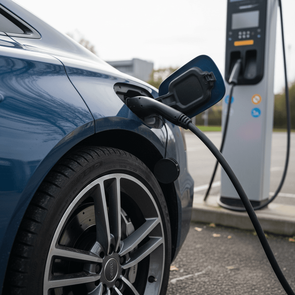 Audi e-tron GT plugged into a public charger with focus on the wheel and charging port