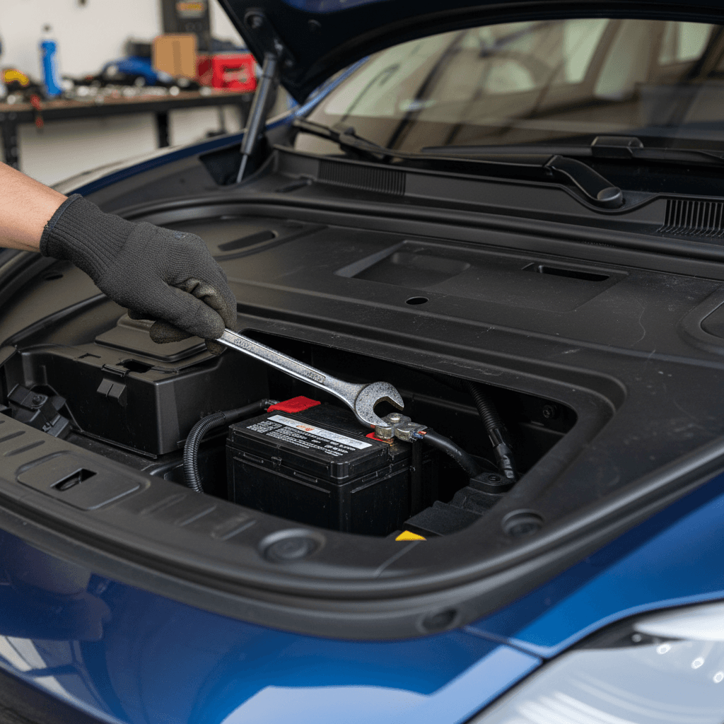 Front trunk of a Tesla with trim removed, showing access to the 12V battery and surrounding wiring