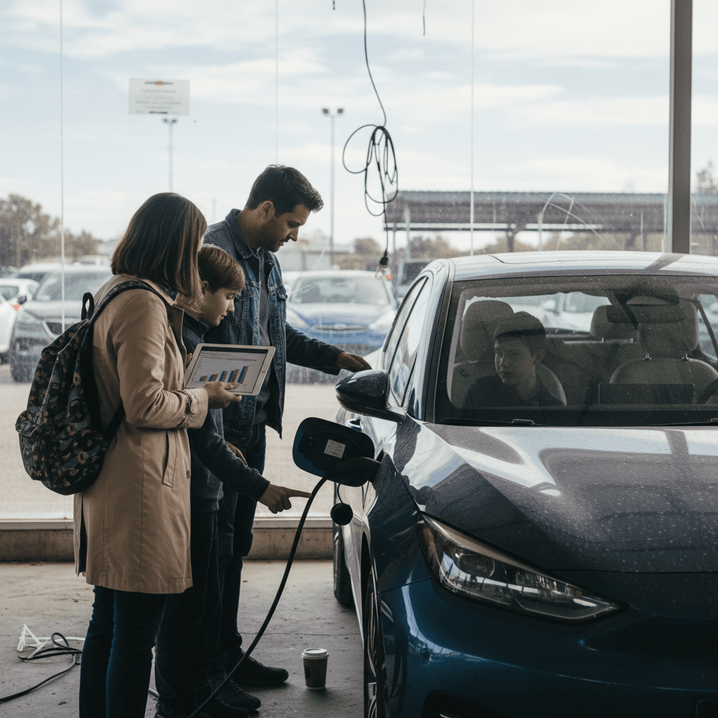 Technician using a tablet to check an electric car's battery health