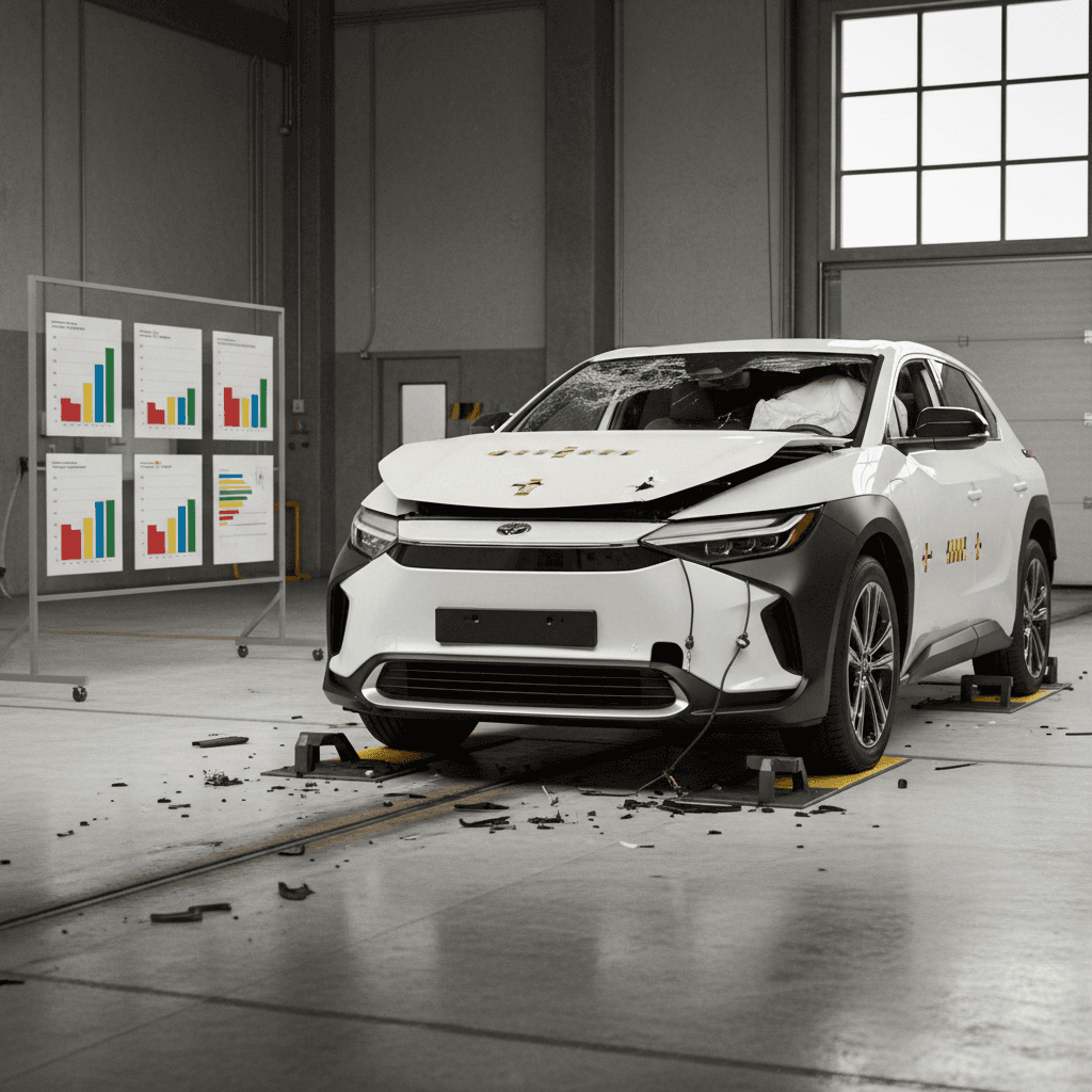 Toyota bZ4X in a crash-test facility with rating charts for NHTSA and IIHS displayed beside it