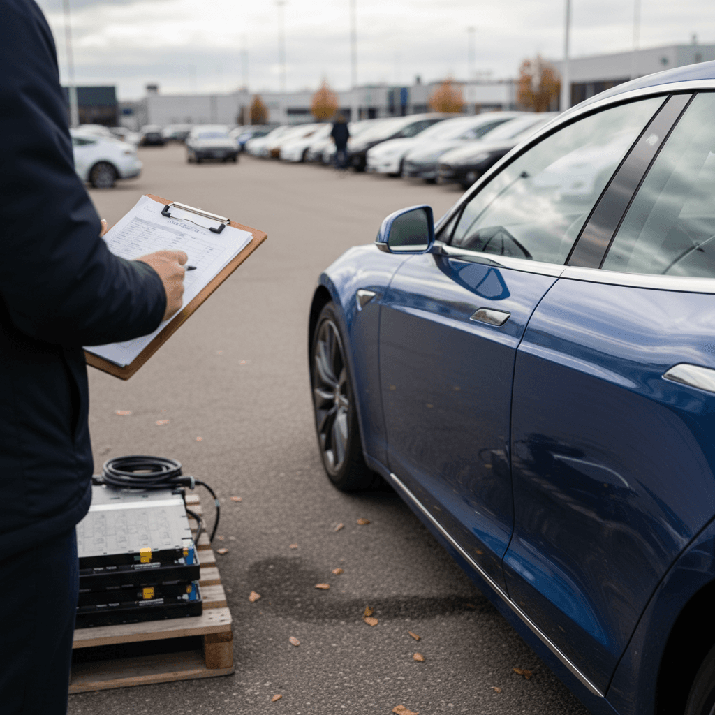 An appraiser inspecting a Tesla Model S for trade in value at a dealership lot