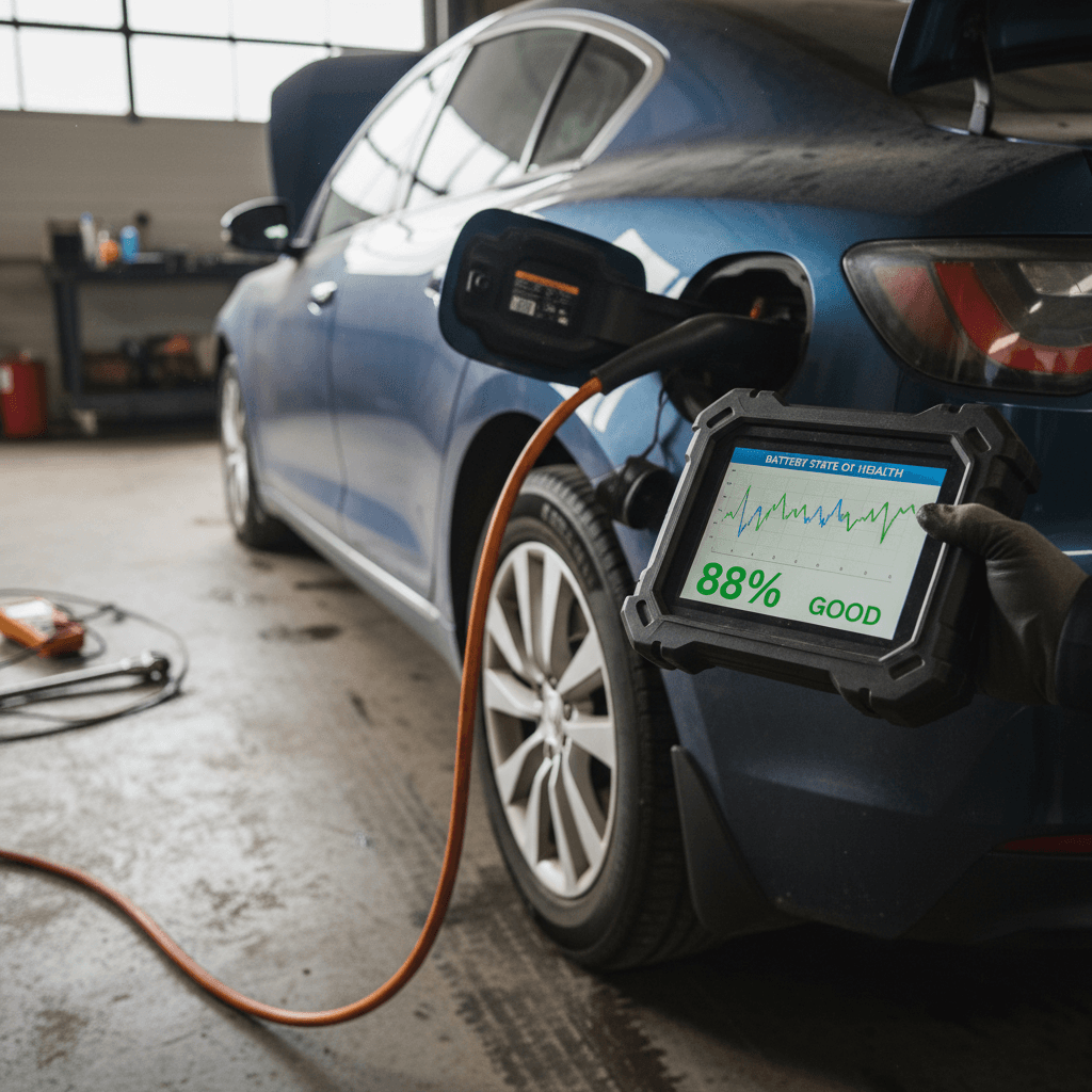Family standing by a white electric car parked in a driveway, symbolizing used EV ownership