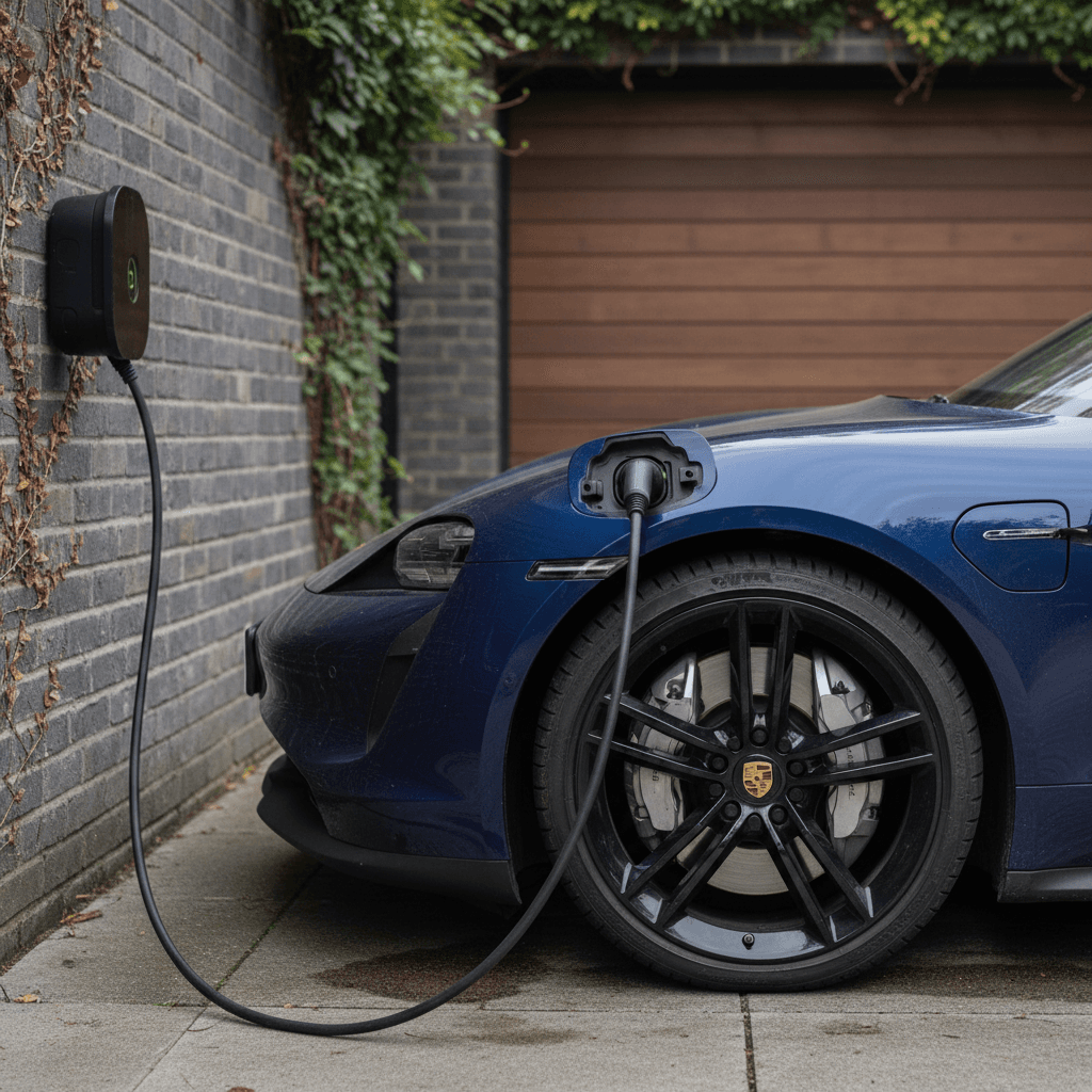 Porsche Taycan wheel and charging port at a dealership, suggesting inspection of battery health and condition before trade in
