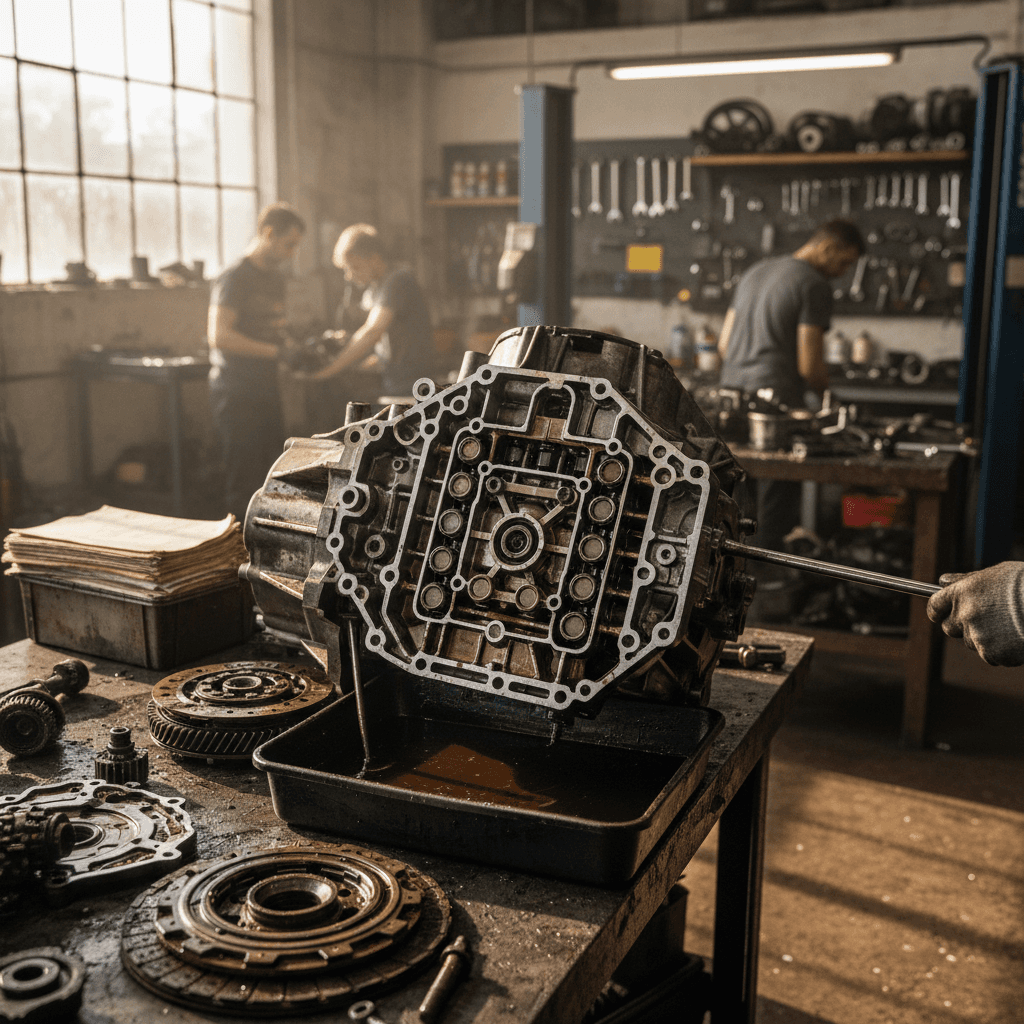 Closeup of an automatic car transmission and gear selector in a vehicle interior