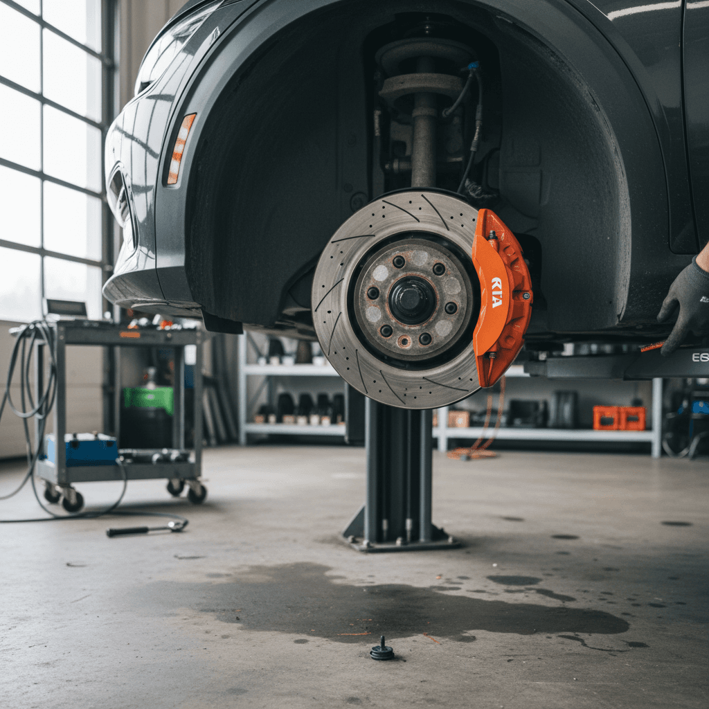 Kia EV6 wheel and brake assembly visible on a lift during inspection