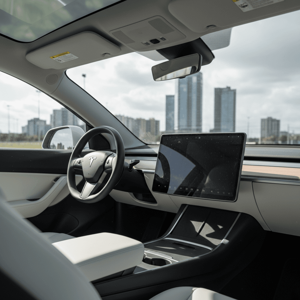 Minimalist Tesla Model Y interior with large center touchscreen and panoramic glass roof emphasizing tech-focused cabin design