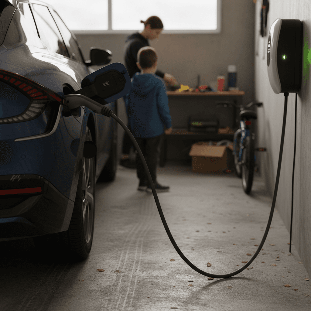 Family charging a compact electric SUV at a home charger in a suburban driveway