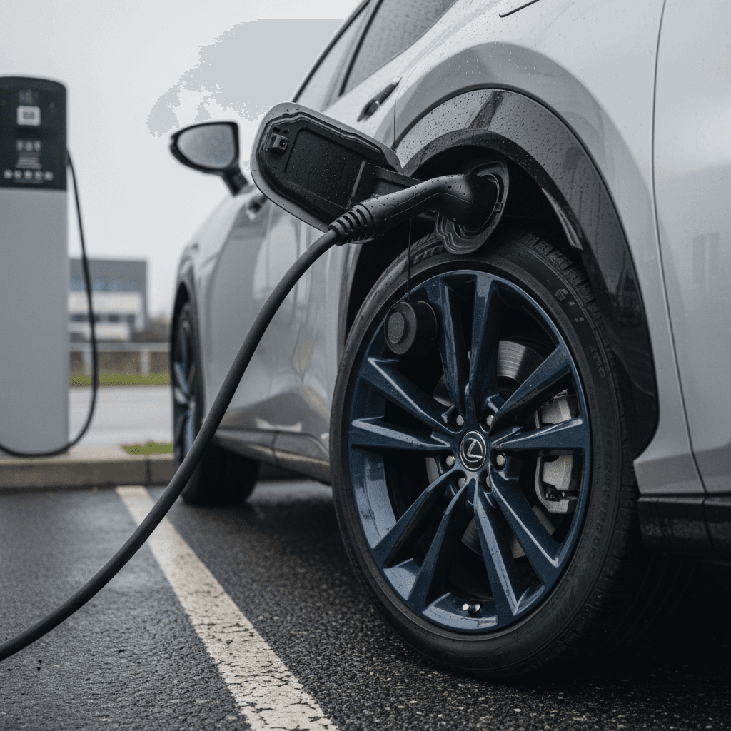 Lexus RZ plugged into a public fast charger with focus on wheel and charging port