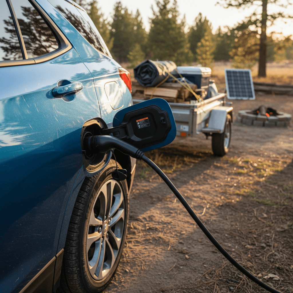 Chevy Equinox EV parked at a campsite with a small trailer hitched and connected to a DC fast charger