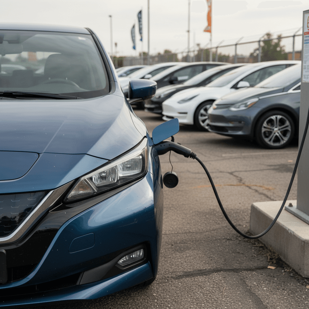 Row of used electric cars parked in a dealership lot with clear side profiles