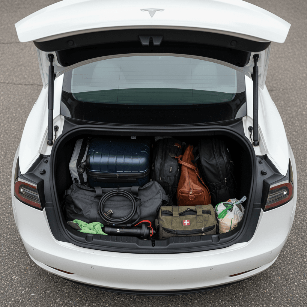 Tesla Model Y rear cargo area with rear seats folded flat showing luggage arranged across the flat floor and deep storage well