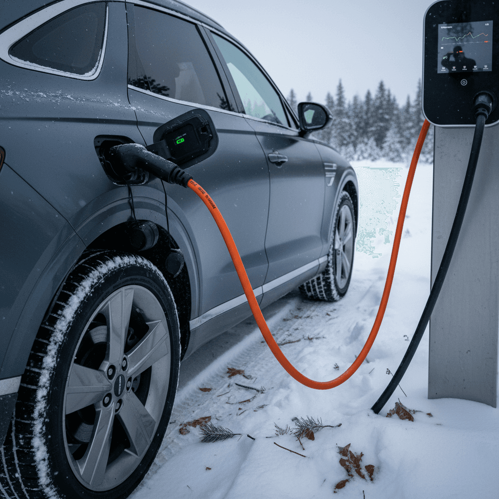 Genesis Electrified GV70 charging at a fast charger in snowy weather