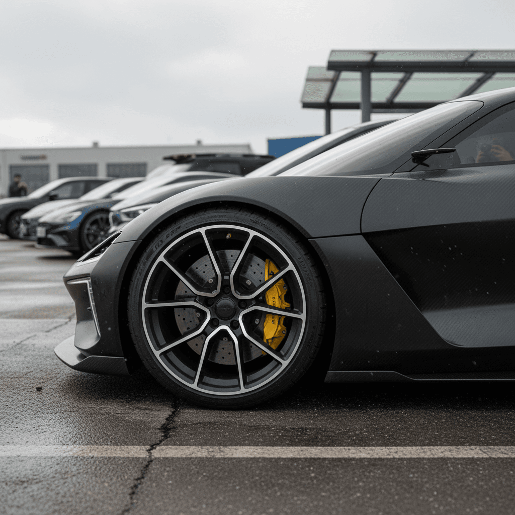 Electric hypercar driving at high speed on a race track