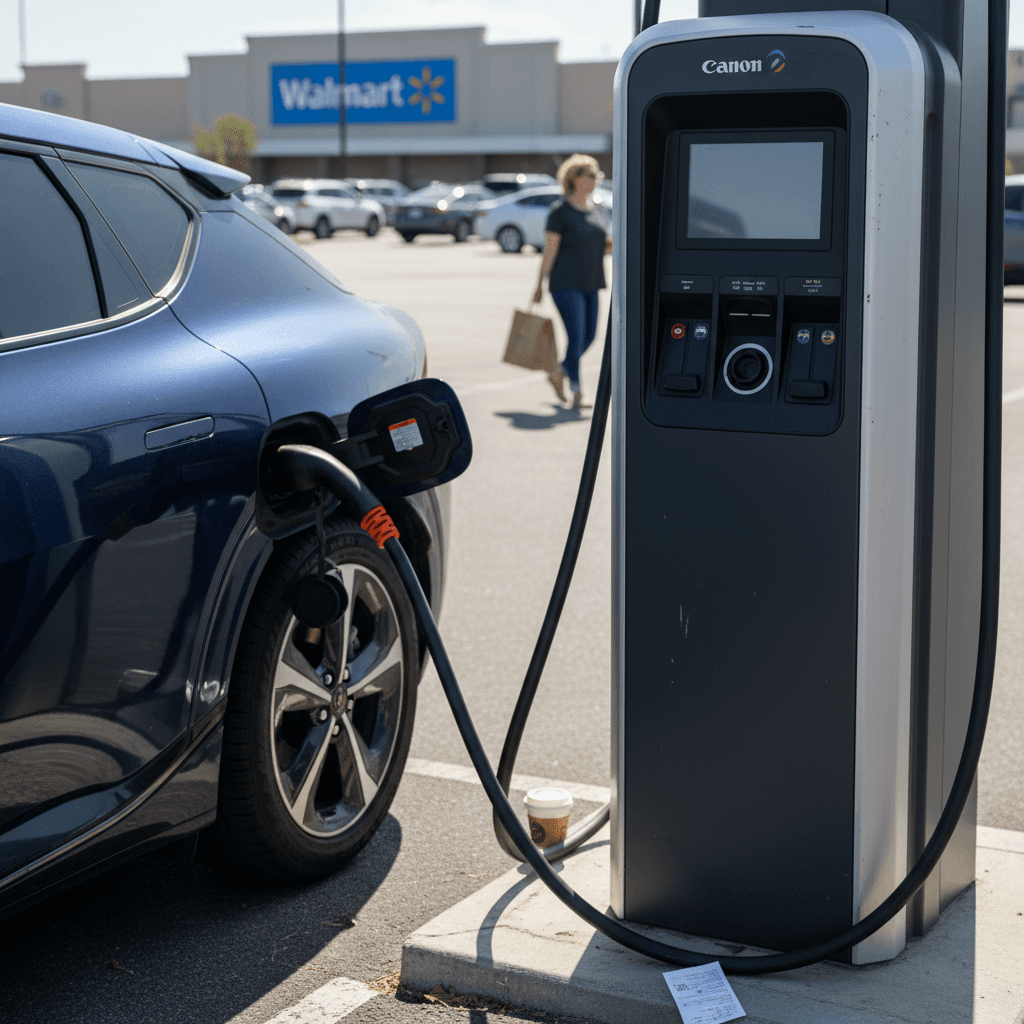 EV plugged into an Electrify America fast charger in a Walmart parking lot during the day