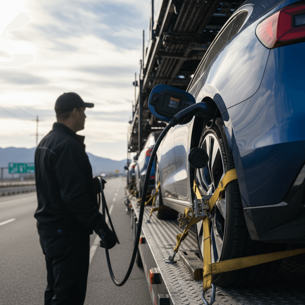 Driver securing an electric car’s wheels on an auto transport trailer before interstate shipment