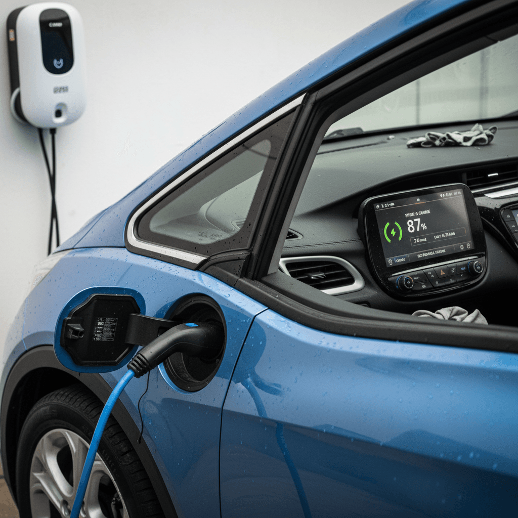 Chevy Bolt EV plugged into a Level 2 charger, showing state of charge on the dashboard screen