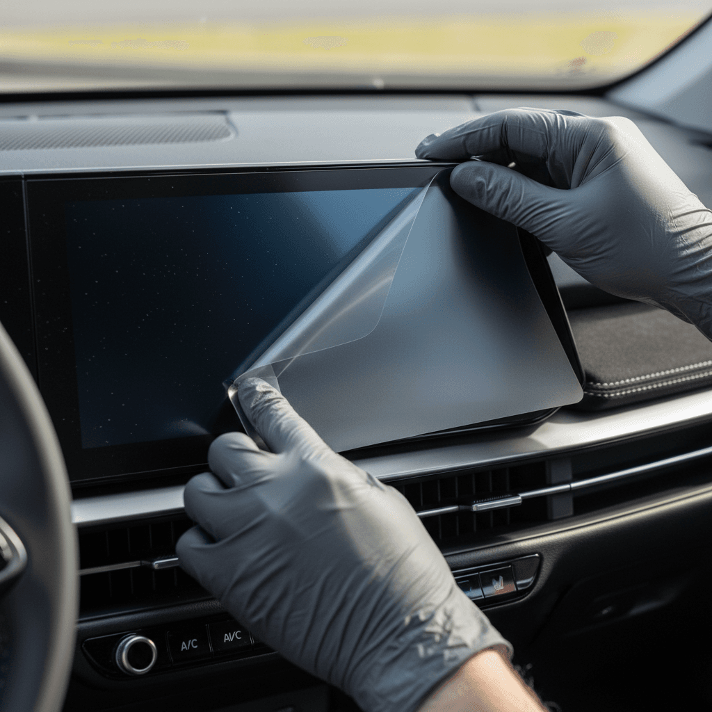 Driver’s hand applying matte film screen protector to the Kia EV6 infotainment display