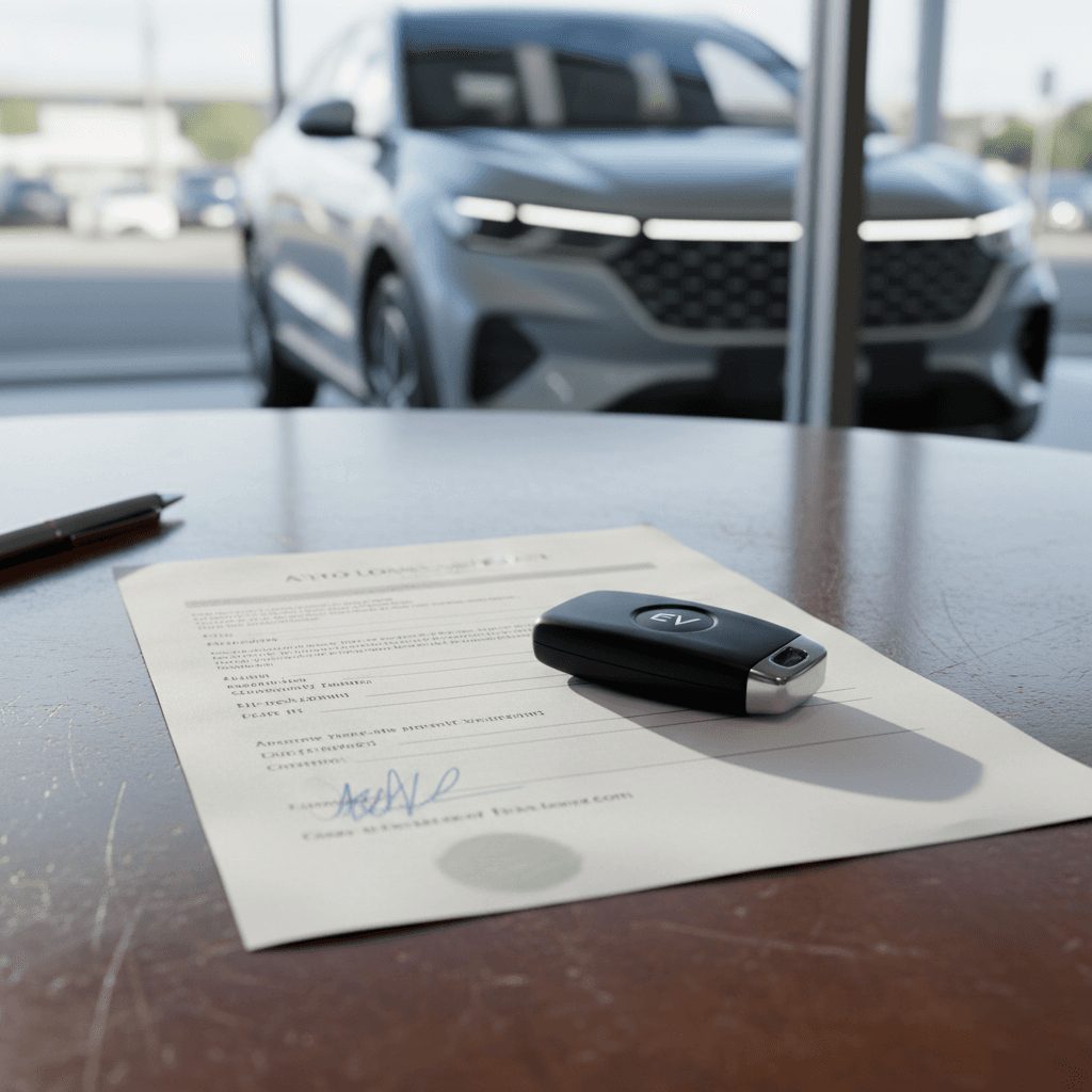 Signed auto loan contract, pen and key fob on a desk with an electric vehicle parked just outside a showroom window.