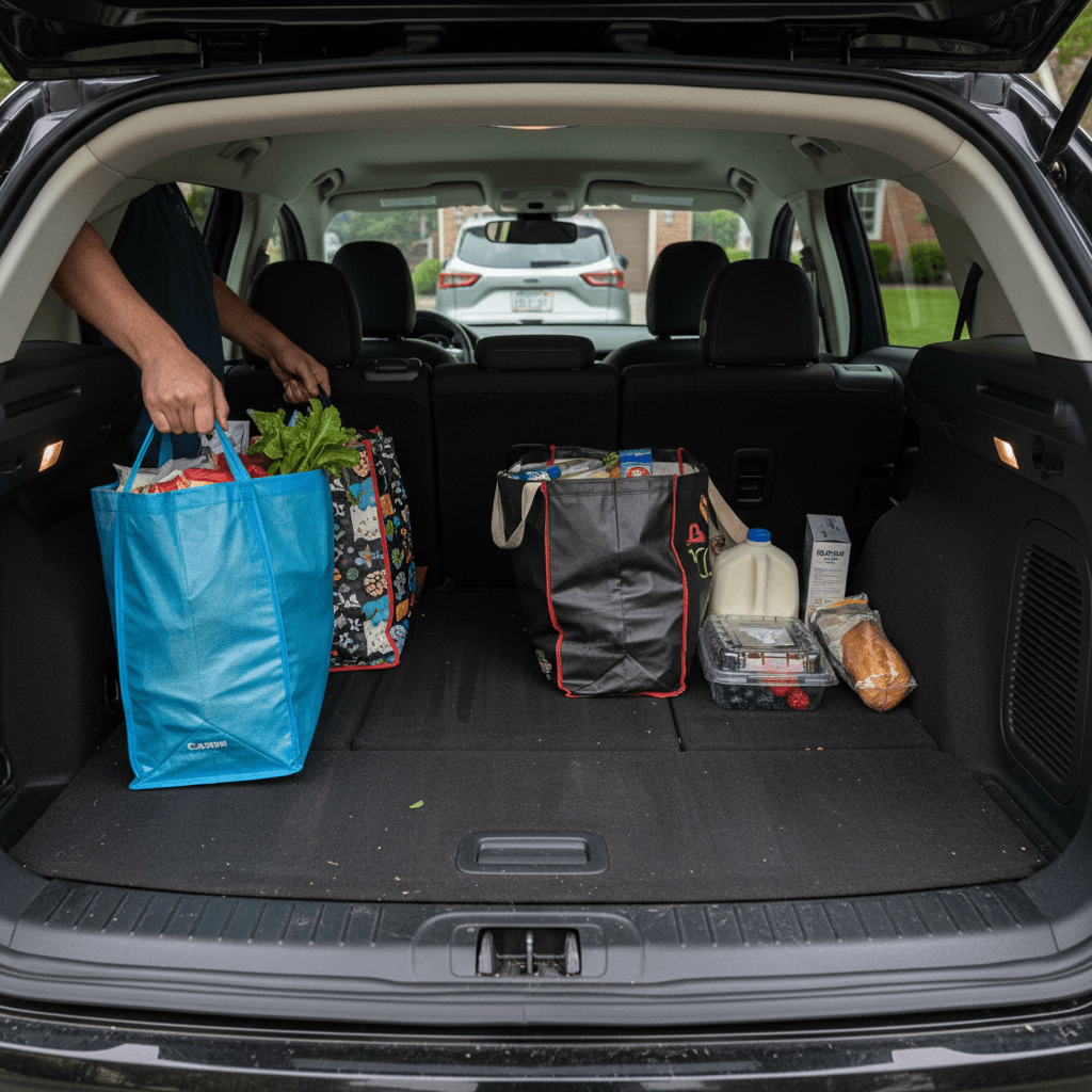 Family loading groceries into the rear of a compact SUV with the rear seats folded to show cargo versatility