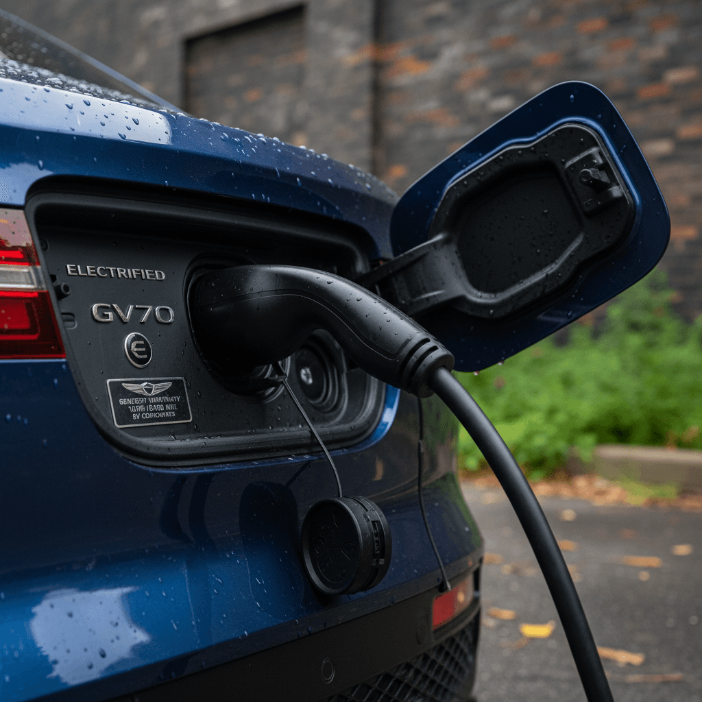 Genesis Electrified GV70 charging with visible charge port and cable at a home charger