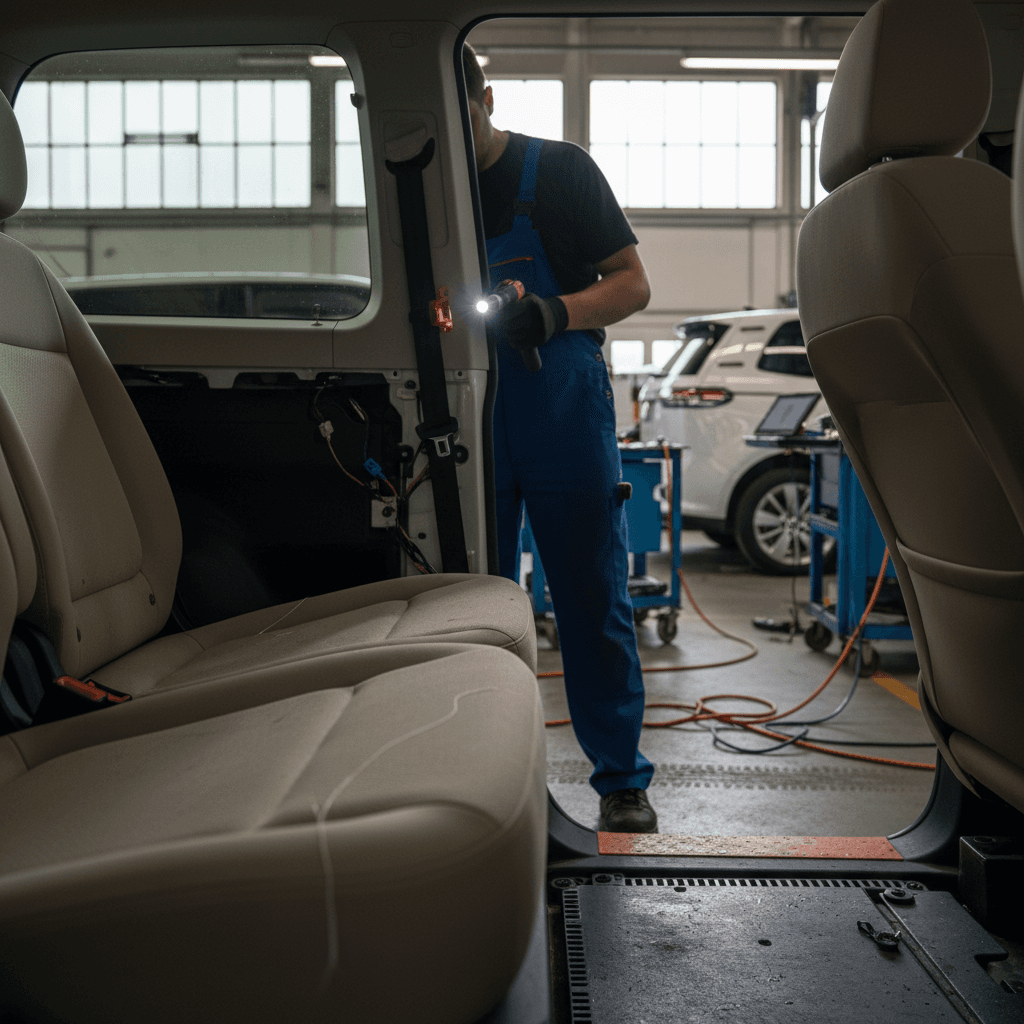 Technician examining the third-row seats of a VW ID. Buzz in a dealership service bay