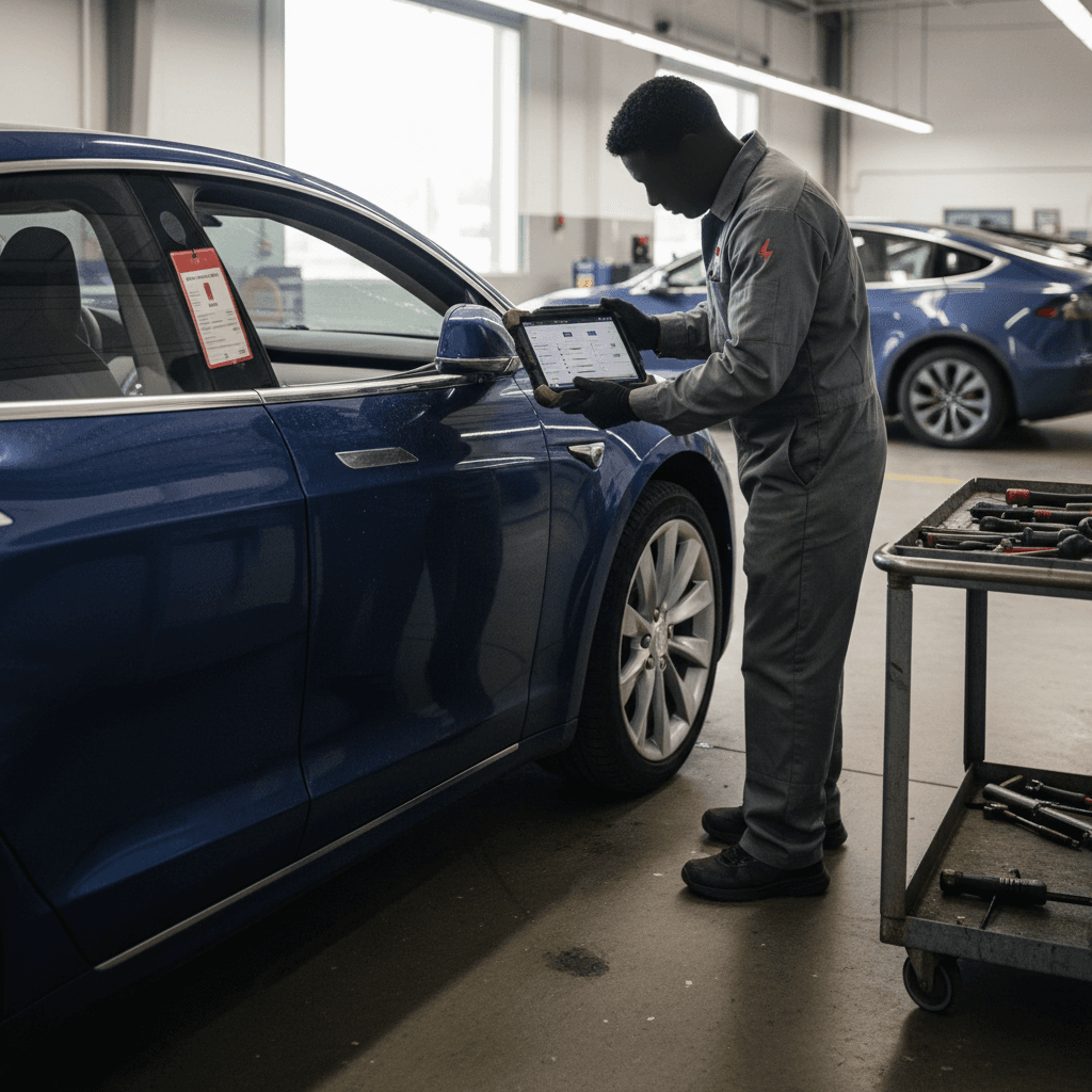 Technician performing multi-point inspection on a used Tesla in a service bay as part of a CPO-style process