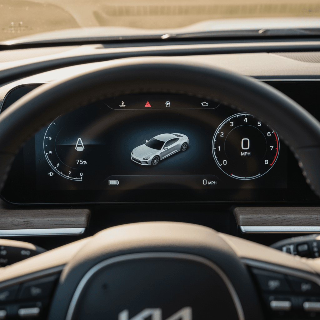 Driver view of a Kia EV9 steering wheel and fully lit digital instrument cluster display.
