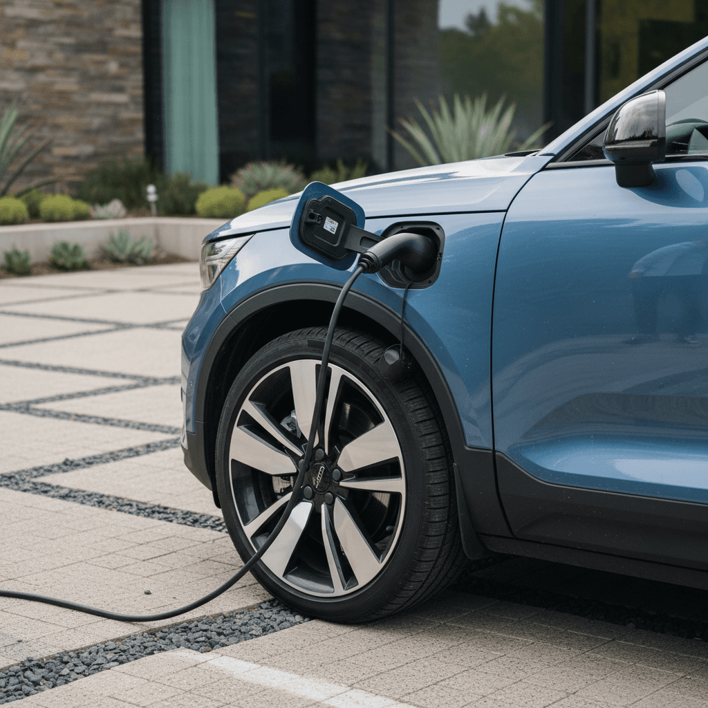 Detail of a Mini Cooper Electric charging port and wheel while plugged in at a city charging station