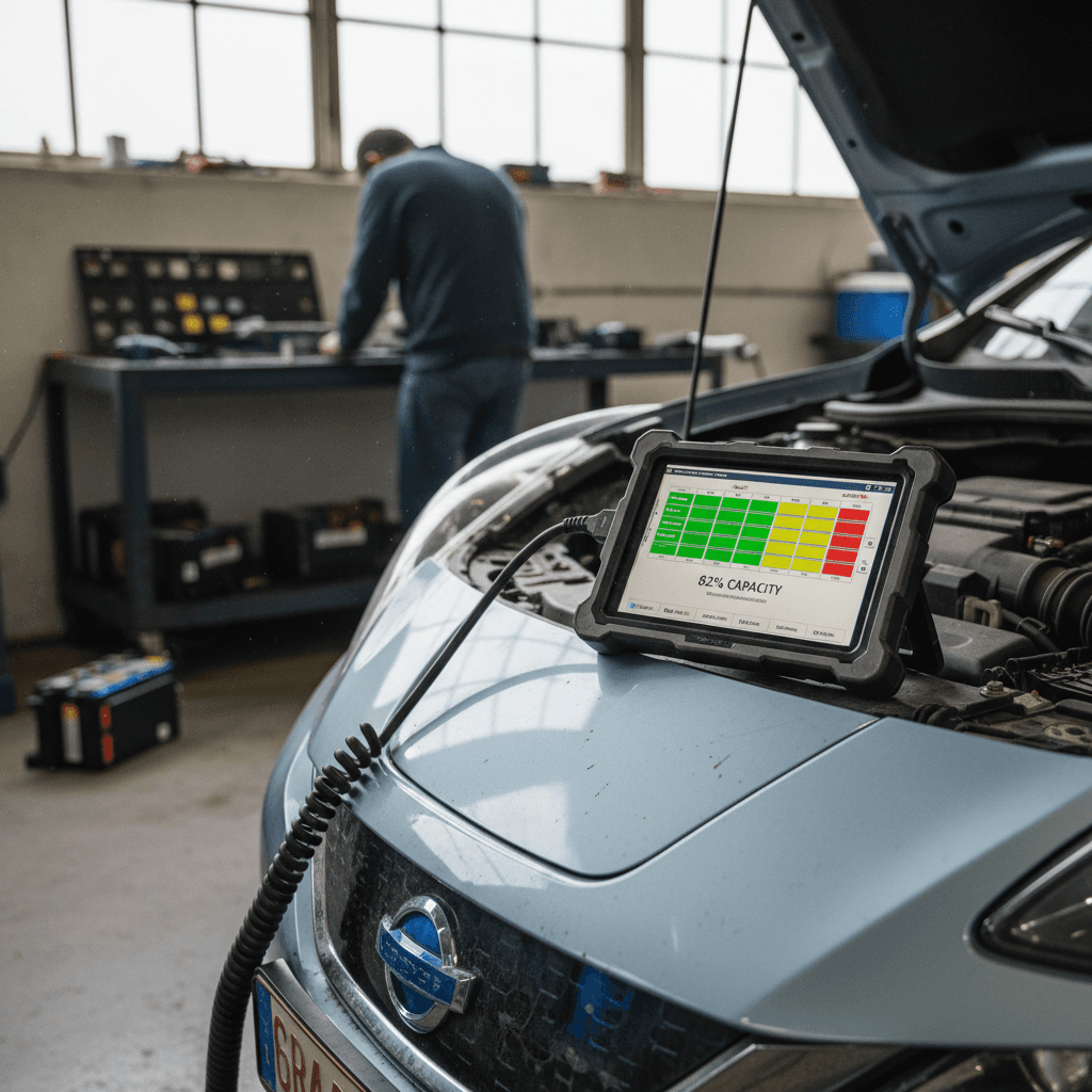 Technician running a battery health diagnostic on a used electric vehicle
