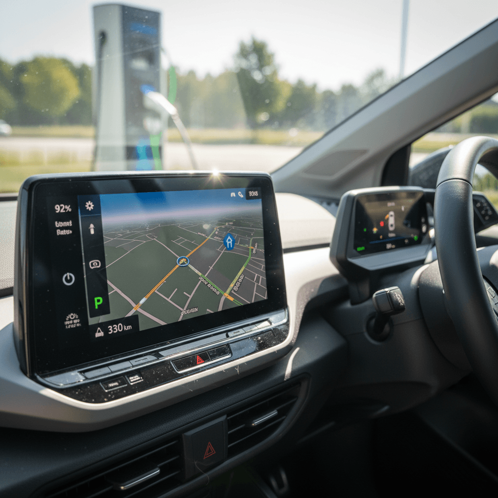 Close-up of a Volkswagen ID.4 infotainment screen and digital gauge cluster while parked and charging