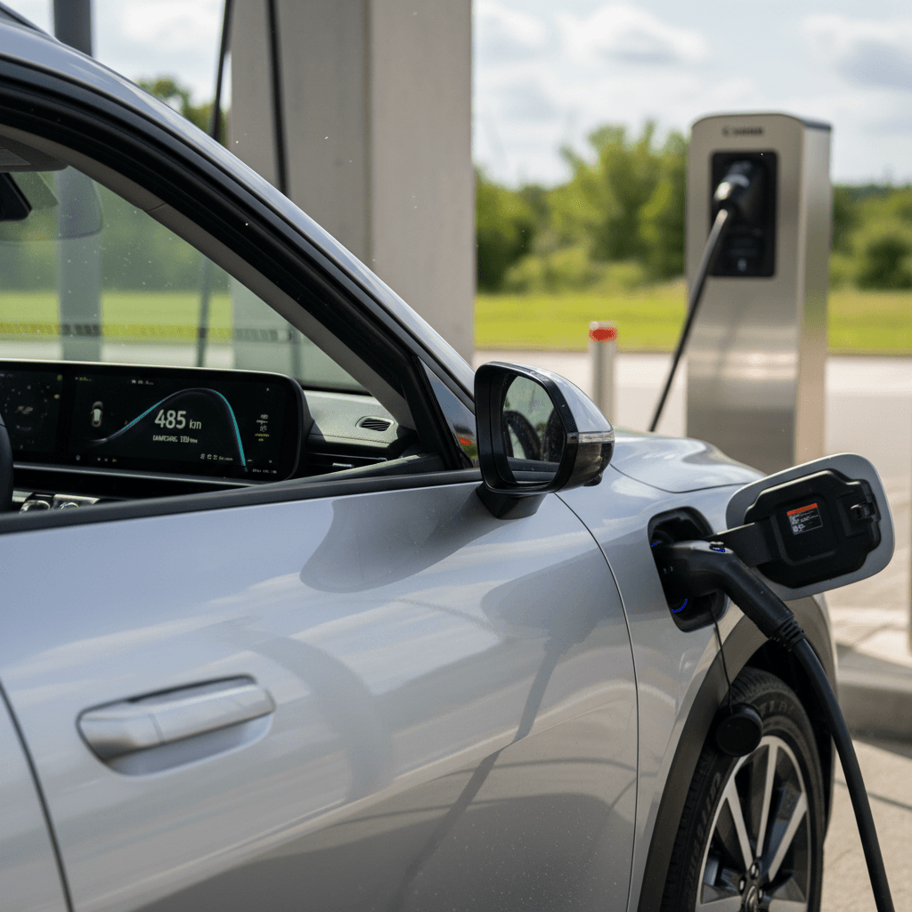 Driver view of a Kia EV9 instrument cluster displaying remaining range and energy consumption during a highway drive
