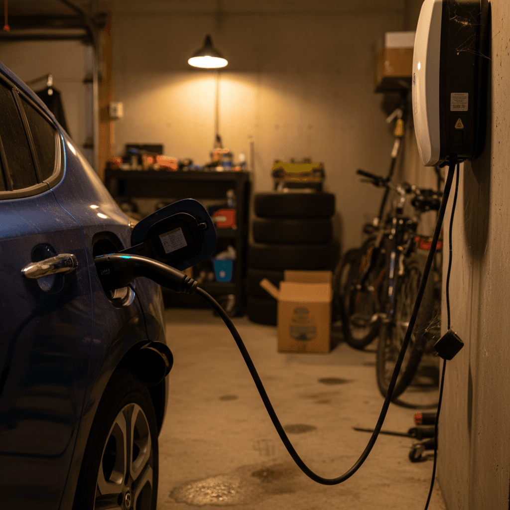 Compact electric car plugged into a home Level 2 charger in a garage