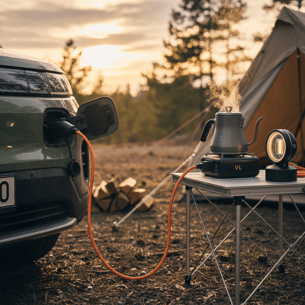 Electric crossover SUV at a campsite using vehicle-to-load to power string lights, a cooler, and a small grill