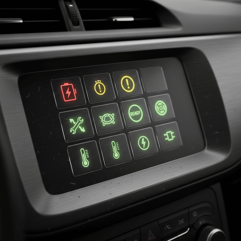 Collage of common electric car dashboard warning lights including battery, brake, turtle, ready and plug icons on a dark digital instrument cluster