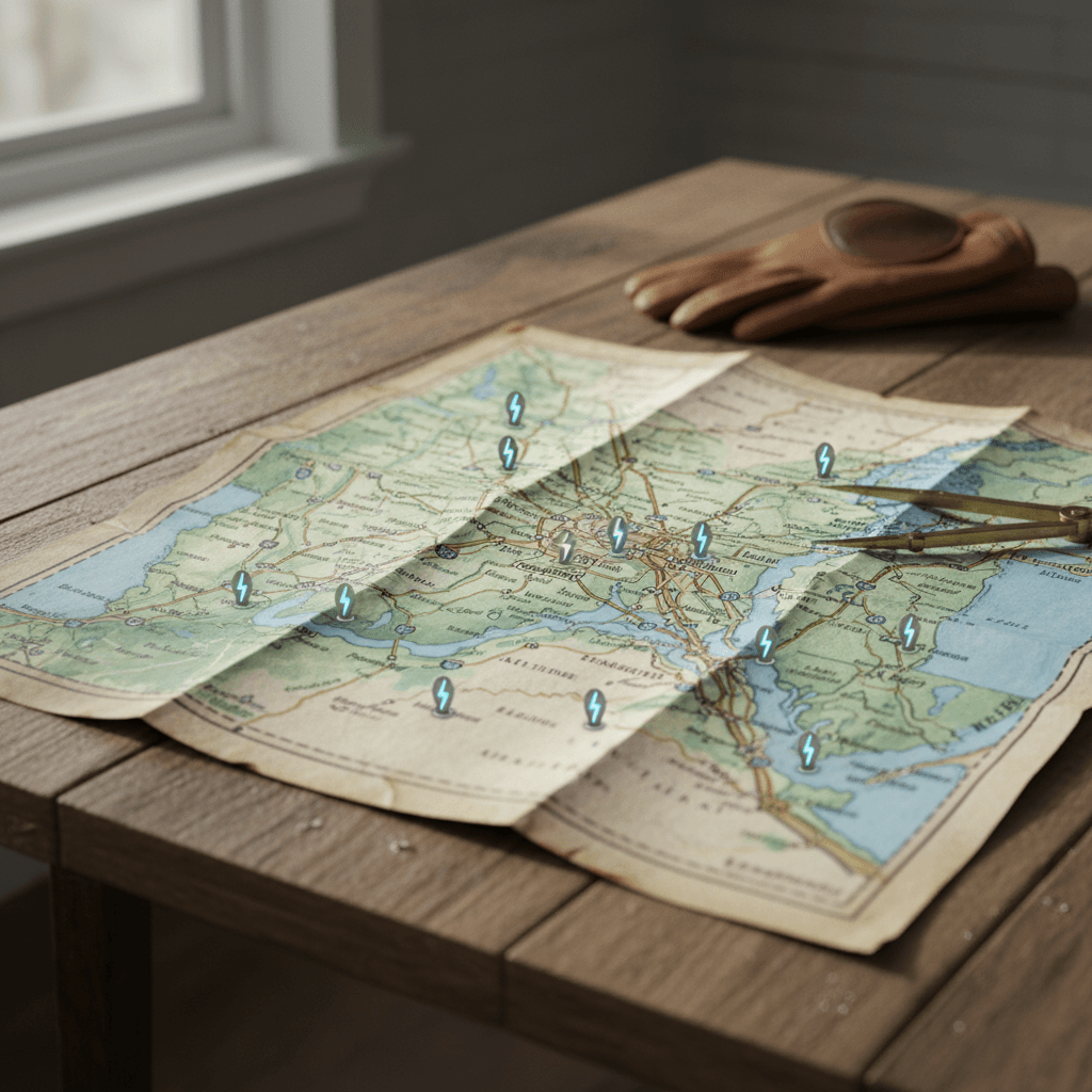 Stylized map of Washington DC, Maryland, and Northern Virginia with icons showing clusters of EV charging stations along major highways and in city centers.