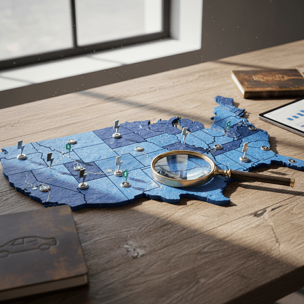 Stylized U.S. map highlighting top EV adoption states on the West Coast, Northeast, and Colorado region