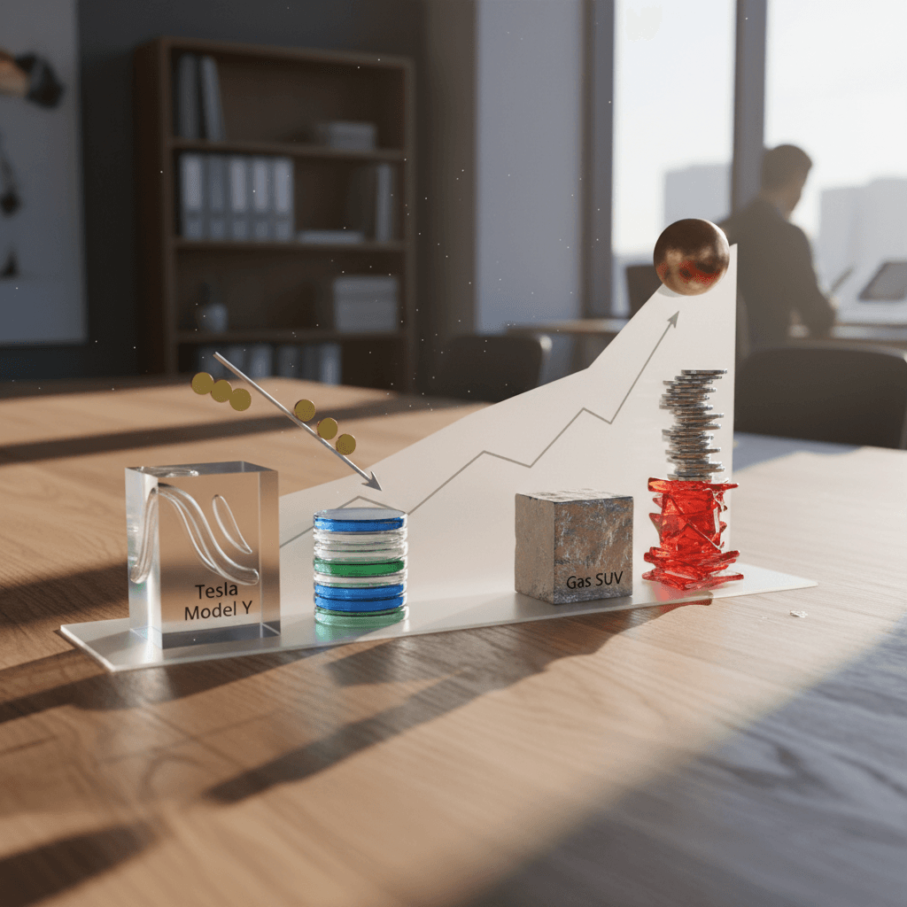 Side-by-side chart showing total cost lines for a Tesla Model Y and a gas SUV diverging over time