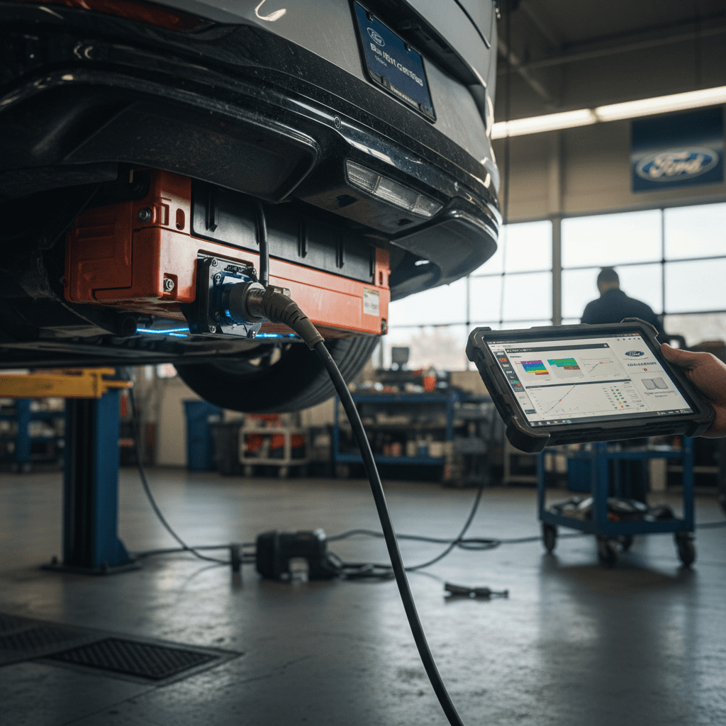 Technician using diagnostic equipment to inspect the high-voltage battery of a used Ford electric vehicle