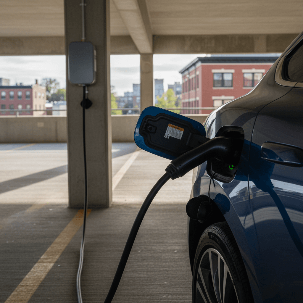 An electric vehicle charging at a DC fast charger inside a downtown White Plains parking garage