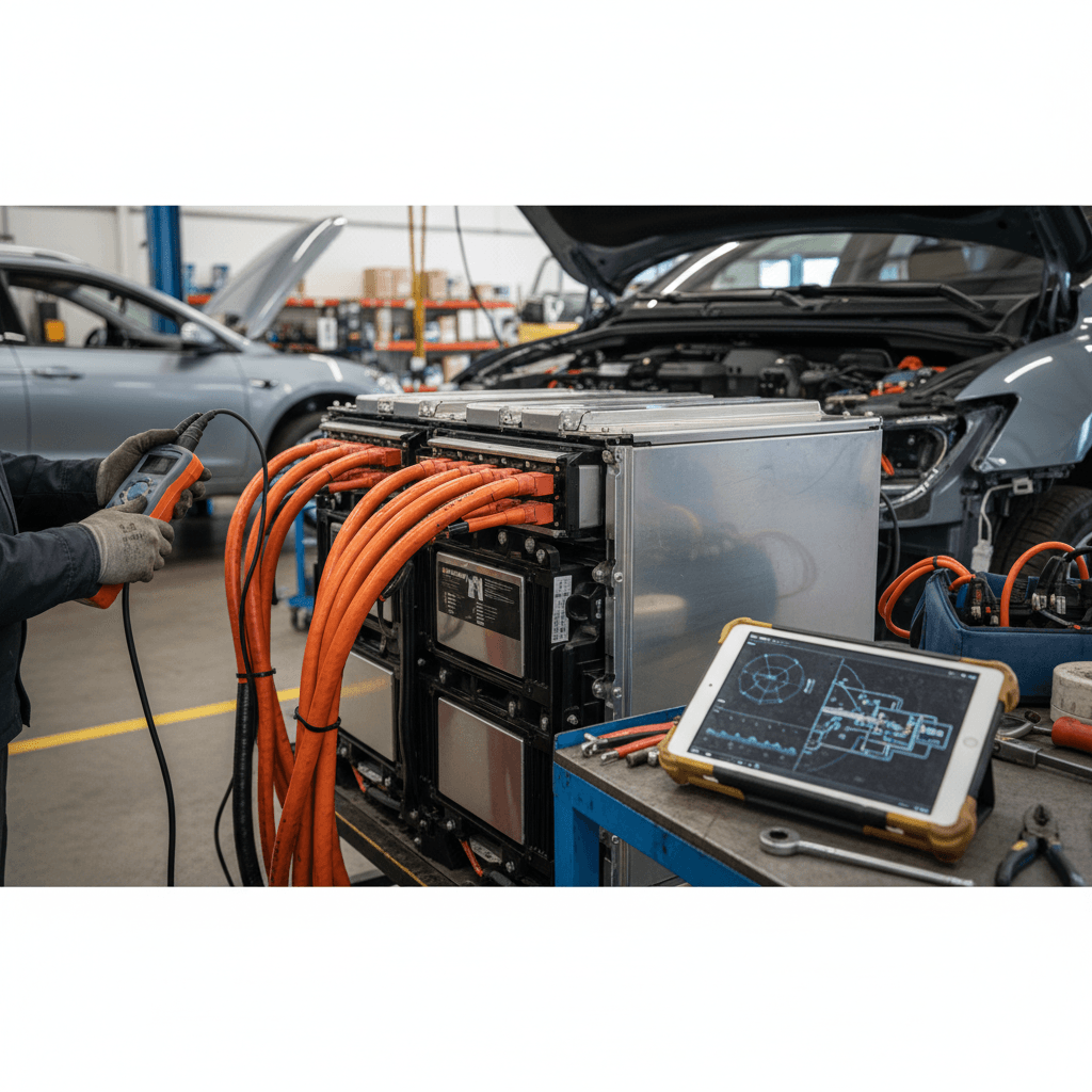 Technician working under the hood of an electric vehicle with high-voltage components exposed